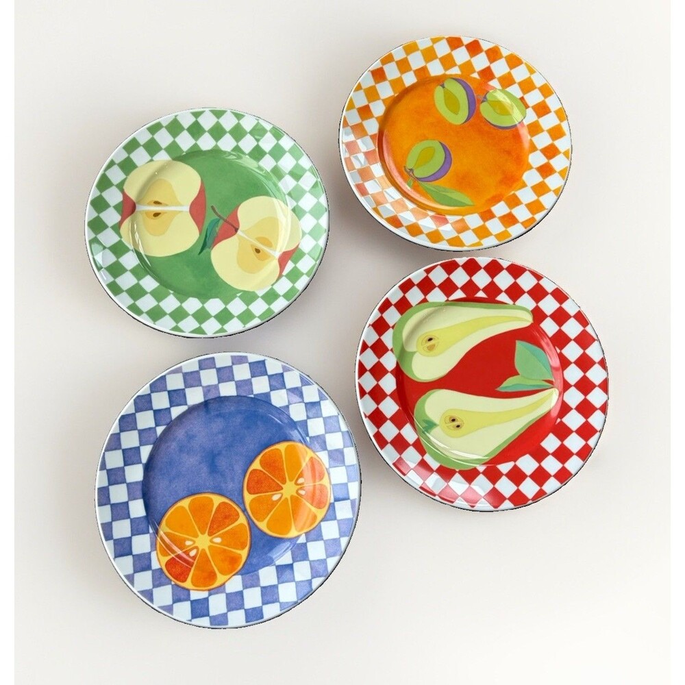 Williams Sonoma Carolina Fruit Plates Set of 4 Checks Pear Apple Orange 9" Japan